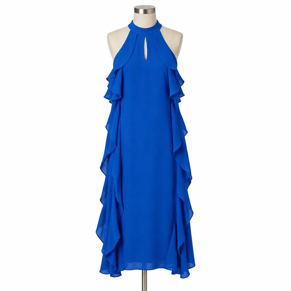 Nine West Ruffle Halter Neck Sheath Dress Royal Blue Size 12